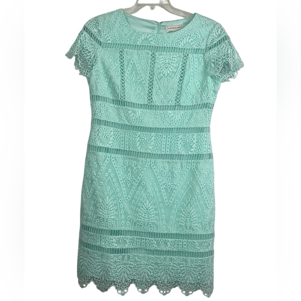 Katherine Kelly pastel green eyelet embroidered sheath dress. Size 10 GUC - Picture 3 of 7